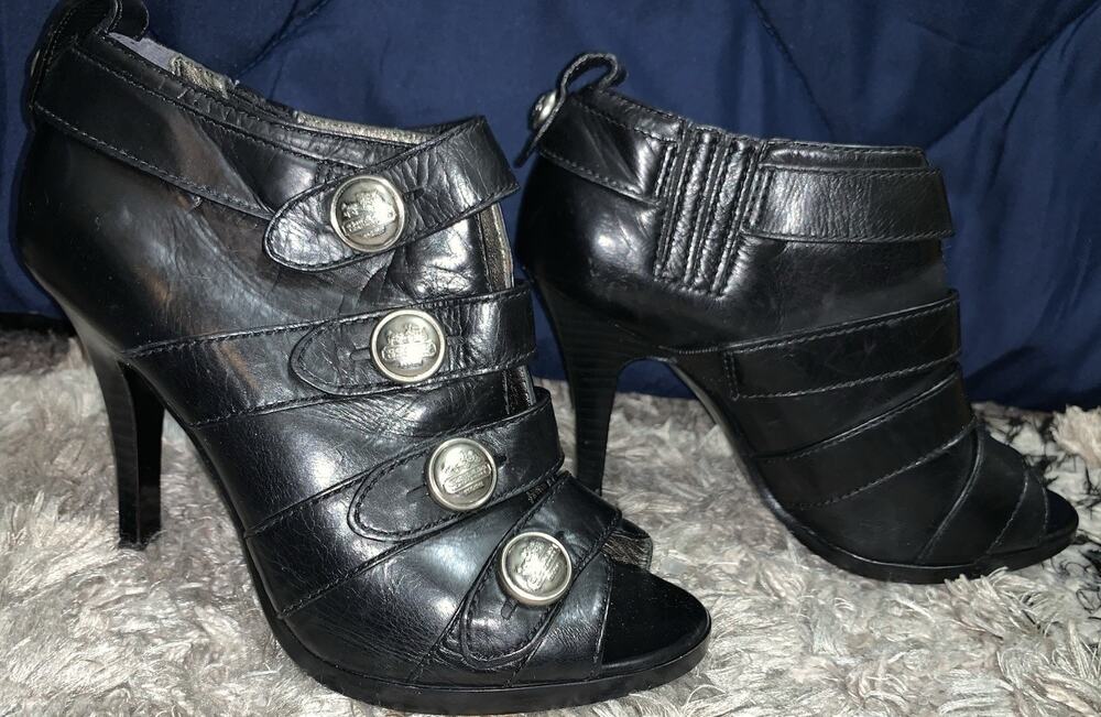 Coach Shoe Sandra Calf black leather open toe strappy heels Shootie Stiletto 6